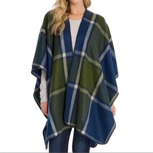 Woolrich Cape Cardigan Blanket Wrap Shawl Blue Green Plaid Women’s One Size